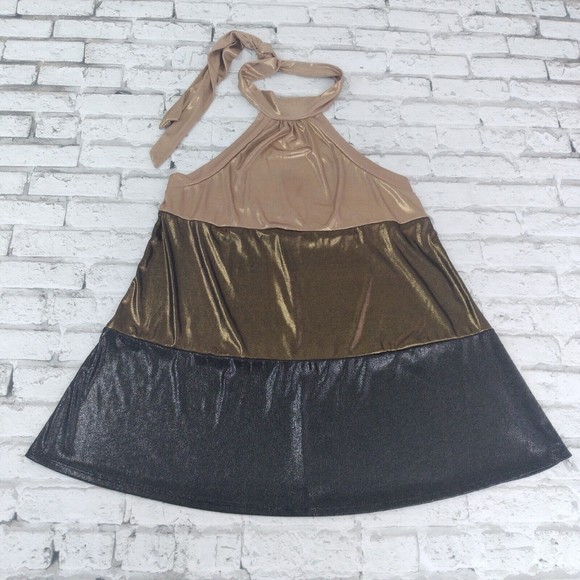 Sushi Flower Blouse Womns Large Metallic Sleeveless Stretch Shimmer Halter Top - Picture 1 of 7